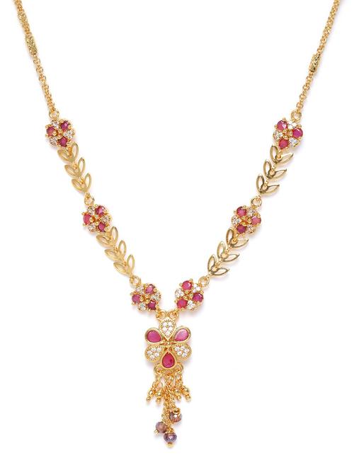 magenta gold-plated ad-studded & beaded handcrafted floral shaped necklace - 18056504 - Very Small Image - 1