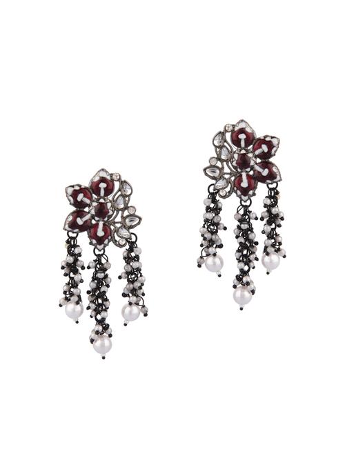 oxidized boho vintage tribal crystal floral dangle earrings, red - 18057542 - Very Small Image - 1