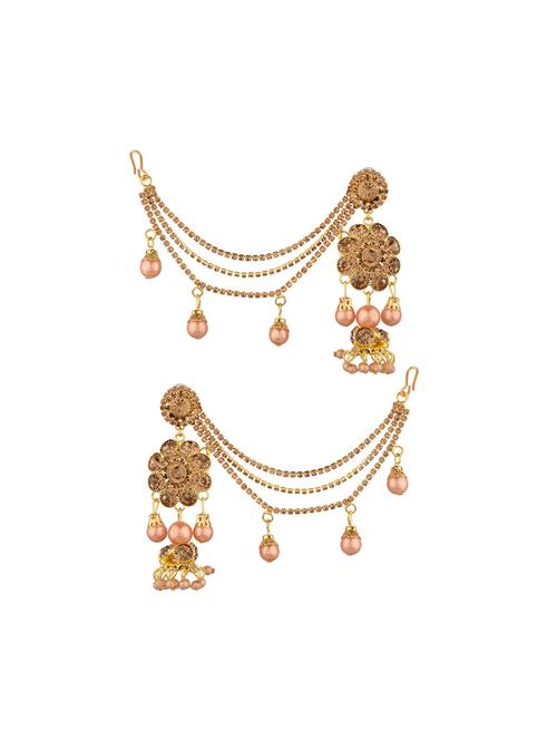 crystal floral dangle earrings with head chain hair accessory, golden color - 18057673 - Very Small Image - 1