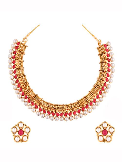 traditional kundan beaded choker necklace earrings set, pink - 18057735 - Very Small Image - 1