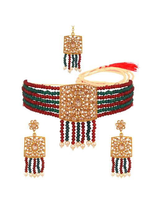 crystal multi layered strand beaded choker necklace maangtikka set - 18057744 - Very Small Image - 1