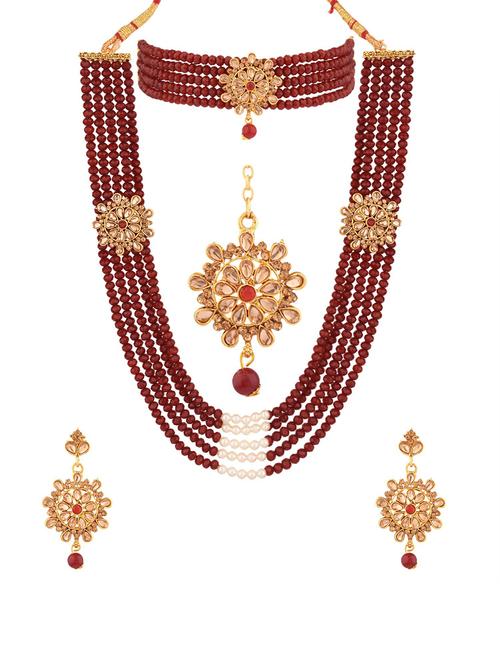 multi strand necklace maangtikka set, maroon - 18057749 - Very Small Image - 1
