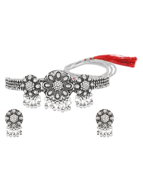 antique oxidized crystal choker necklace earrings set, white - 18057762 - Very Small Image - 1