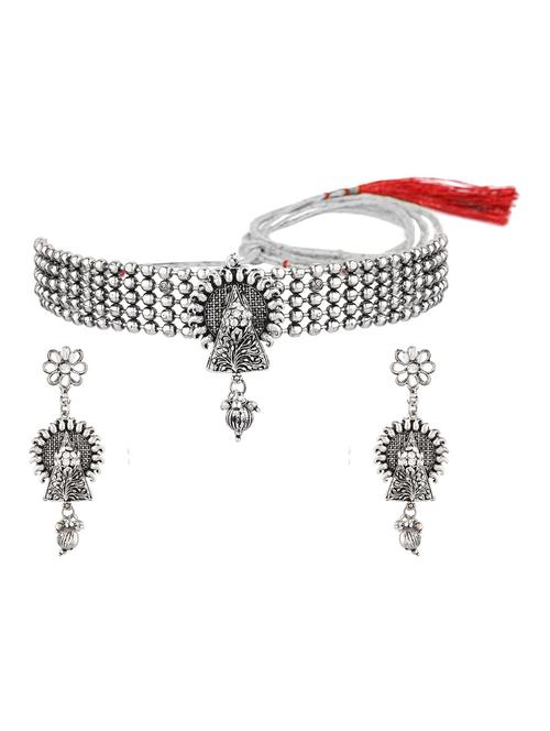 antique oxidized crystal choker necklace earrings set, silver - 18057765 - Very Small Image - 1