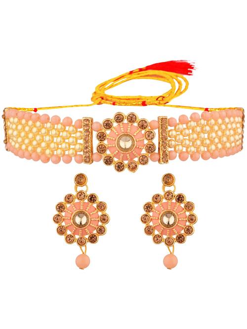 traditional crystal choker beaded necklace earrings set, ,peach - 18057790 - Very Small Image - 1