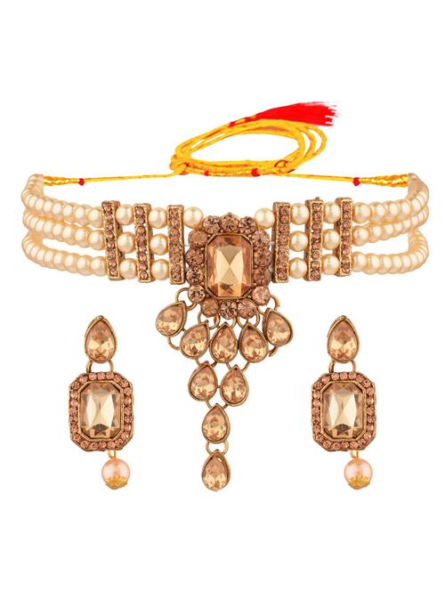 traditional crystal choker beaded necklace earrings set, brown - 18057814 - Very Small Image - 1