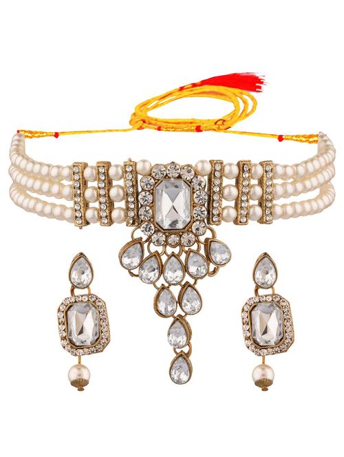 traditional crystal choker beaded necklace earrings set, white - 18057817 - Very Small Image - 1