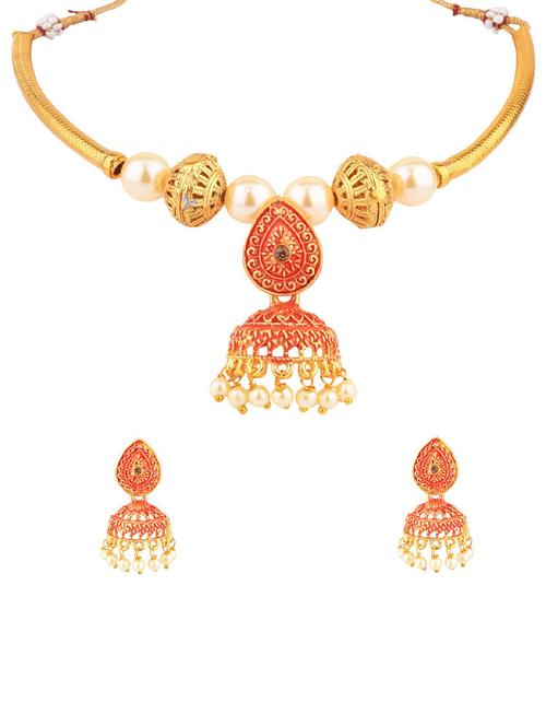 antique jhumka jhumki pendant choker necklace earrings set, red - 18057819 - Very Small Image - 1