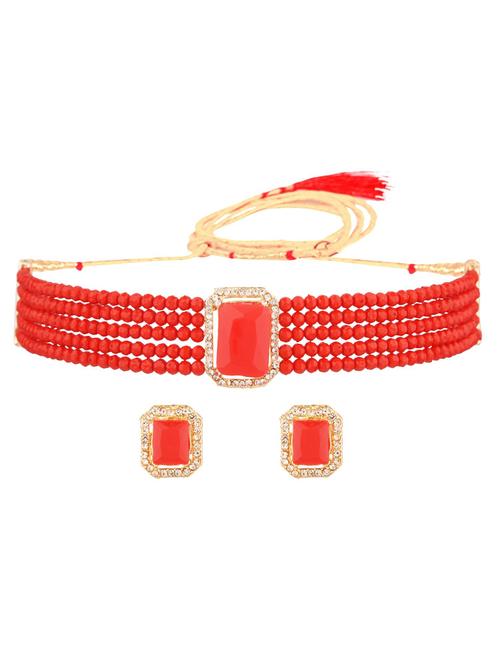 traditional crystal choker beaded necklace earrings set, red - 18057832 - Very Small Image - 1