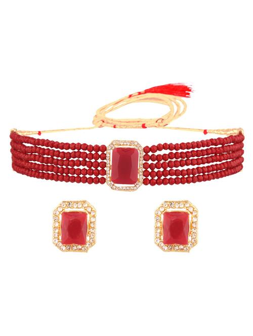 traditional crystal choker beaded necklace earrings set, maroon - 18057835 - Very Small Image - 1