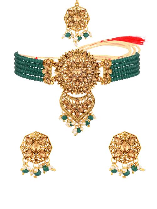 traditional crystal choker beaded necklace maangtikka set, green - 18057840 - Very Small Image - 1