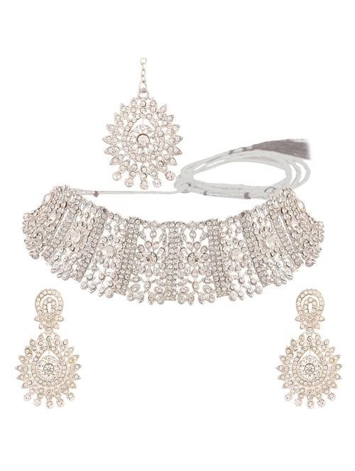 crystal choker necklace maangtikka set, white - 18057858 - Very Small Image - 1
