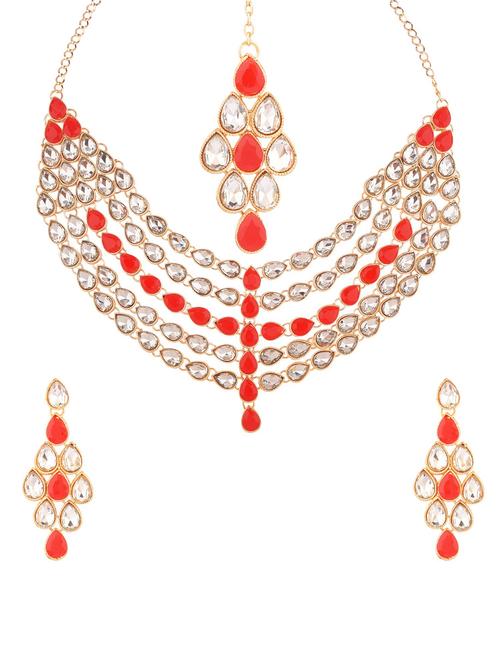 choker crystal necklace maangtikka set, brown, red - 18057870 - Very Small Image - 1