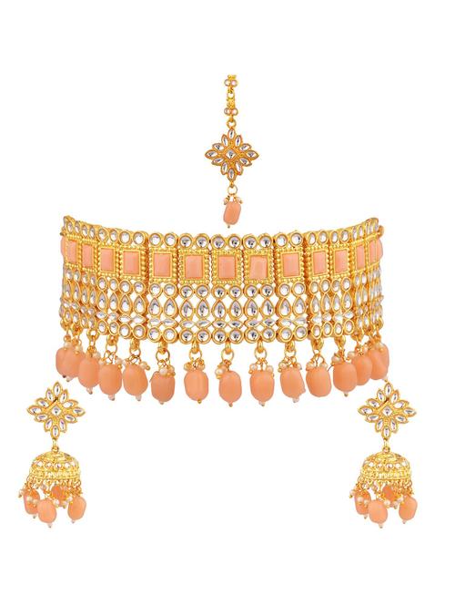 kundan choker necklace maangtikka set, beige - 18057878 - Very Small Image - 1