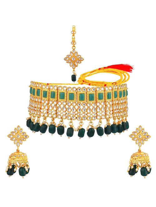 kundan choker necklace maangtikka set, green - 18057880 - Very Small Image - 1
