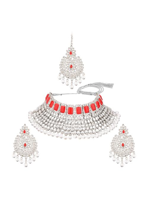 kundan choker necklace maangtikka set, red - 18057886 - Very Small Image - 1