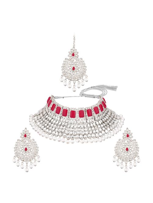 kundan choker necklace maangtikka set, pink - 18057887 - Very Small Image - 1