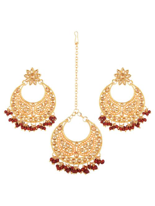 kundan beads maang tikka earrings set, maroon - 18057891 - Very Small Image - 1