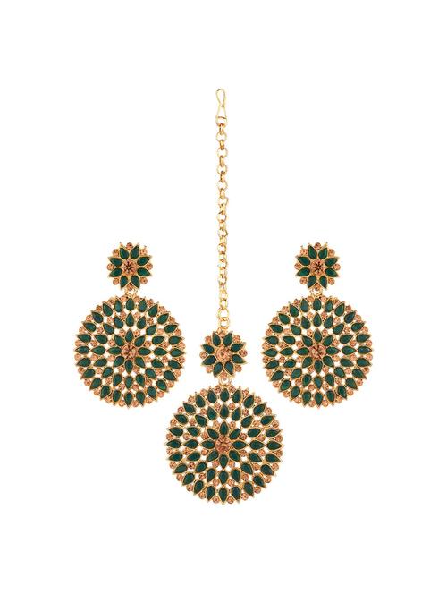 traditional crystal kundan maang tikka earrings set, green - 18057906 - Very Small Image - 1