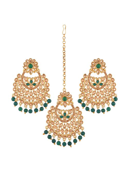 traditional crystal kundan maang tikka earrings set, green - 18057909 - Very Small Image - 1