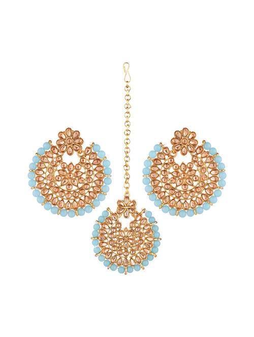 traditional kundan maang tikka earrings set, skyblue - 18057912 - Very Small Image - 1