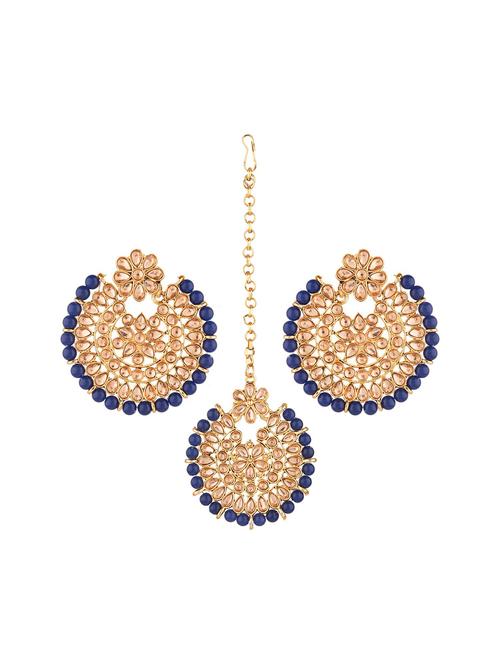 traditional kundan maang tikka earrings set, blue - 18057913 - Very Small Image - 1