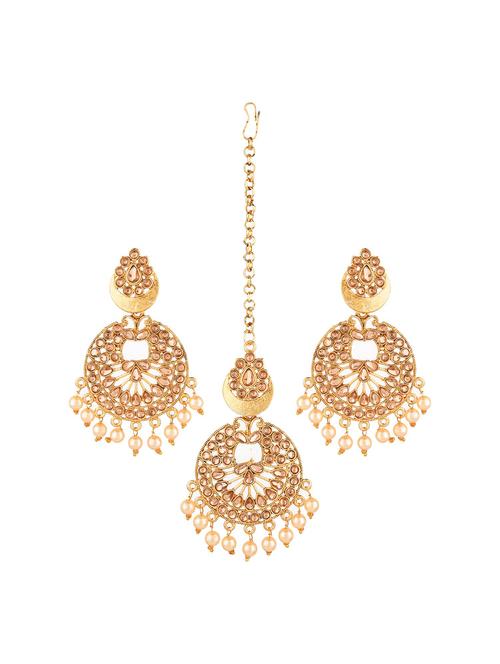 traditional kundan beads maang tikka earrings set, beige - 18057918 - Very Small Image - 1