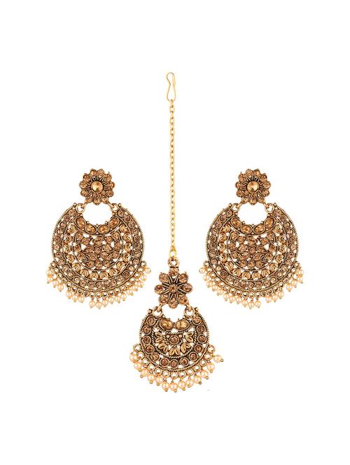 traditional crystal kundan beaded maang tikka earrings set, brown - 18057928 - Very Small Image - 1