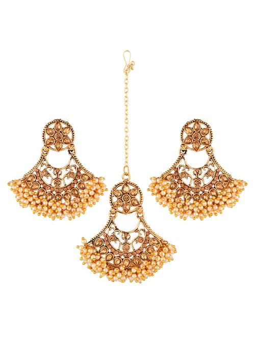 traditional crystal kundan beaded maang tikka earrings set, brown - 18057930 - Very Small Image - 1
