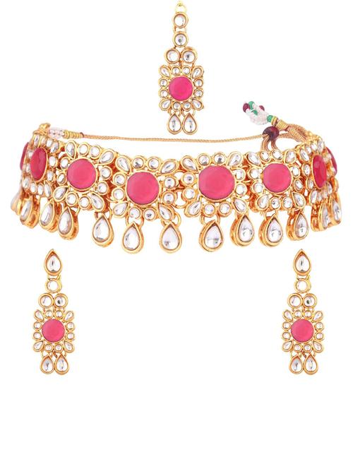 kundan crystal choker necklace maangtikka set, pink - 18058578 - Very Small Image - 1