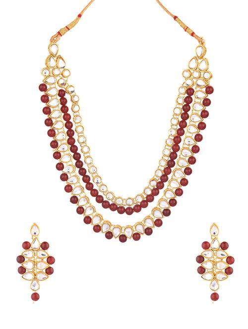kundan multi layered strand beaded necklace maangtikka set, maroon - 18058604 - Very Small Image - 1