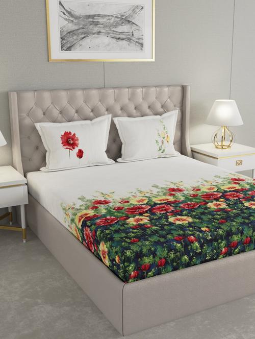 gm floral 210 tc 100% cotton digital print white & green double bedsheet with 2 pillow covers - 18058967 - Very Small Image - 1