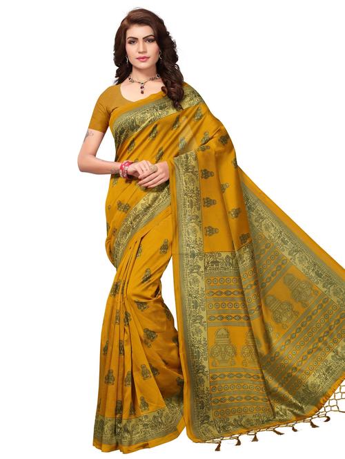 yellow art silk printed saree with blouse - 18059154 - Very Small Image - 1