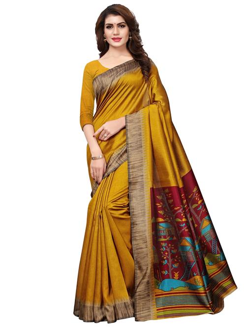 yellow art silk printed saree with blouse - 18059172 - Very Small Image - 1