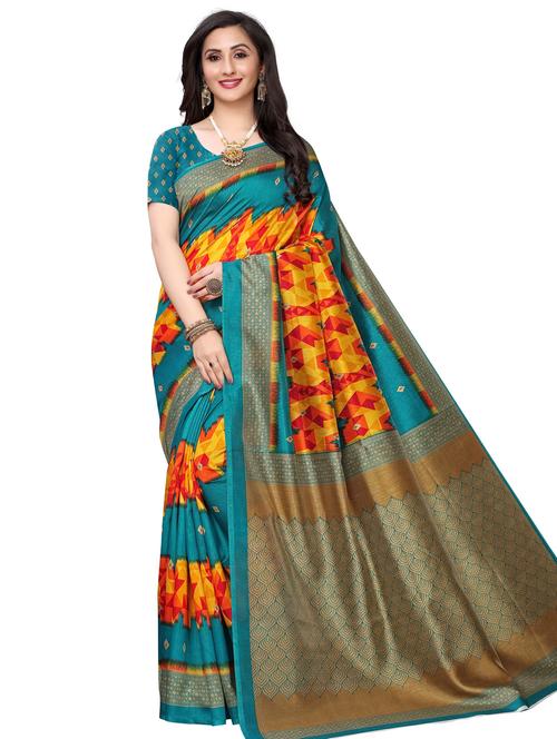 yellow art silk printed saree with blouse - 18059302 - Very Small Image - 1
