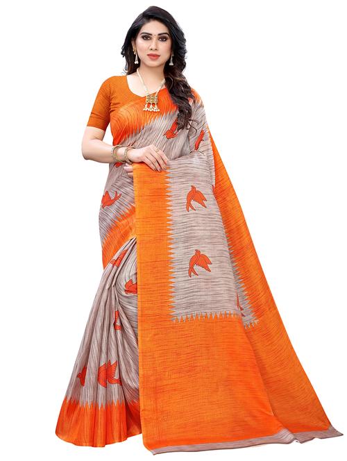 orange khadi printed saree with blouse - 18059327 - Very Small Image - 1