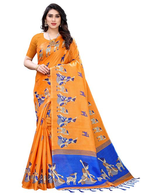orange khadi printed saree with blouse - 18059340 - Very Small Image - 1