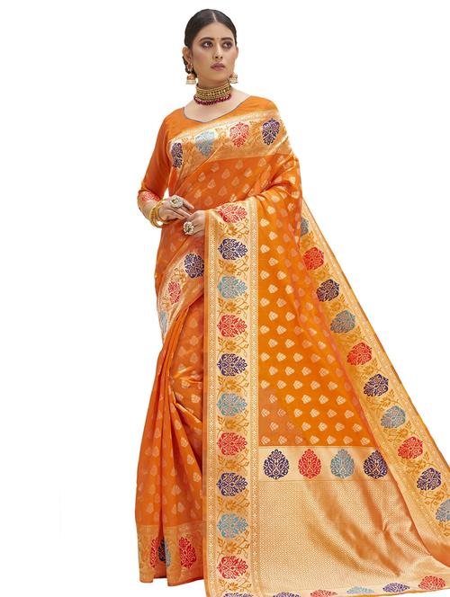 orange cotton blend saree with blouse - 18059560 - Very Small Image - 1