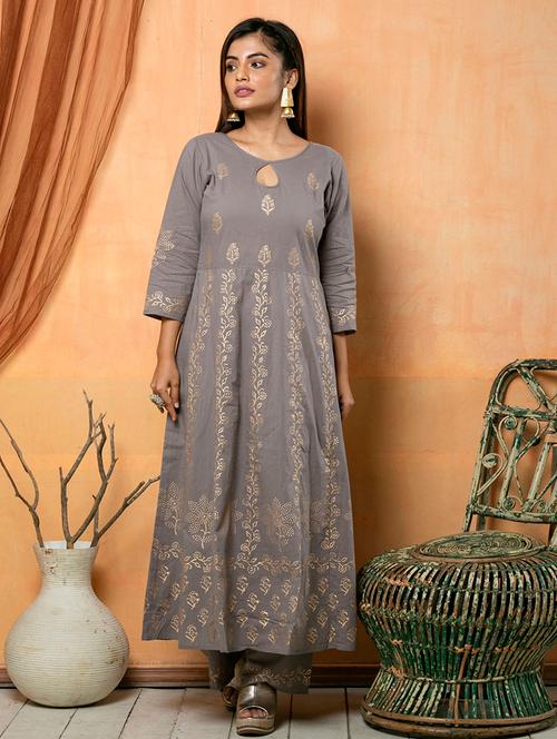 grey printed a-line kurta and palazzo set - 18065442 - Very Small Image - 1