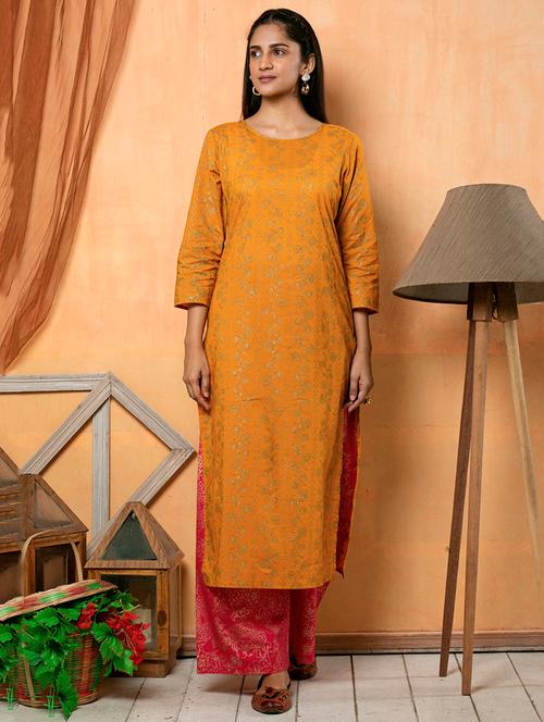 yellow printed straight kurta and palazzo set - 18066051 - Very Small Image - 1