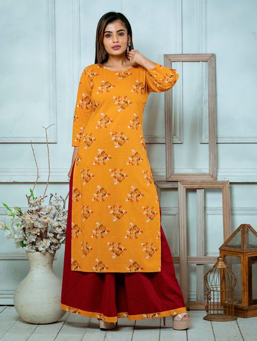yellow printed straight kurta and palazzo set - 18066052 - Very Small Image - 1