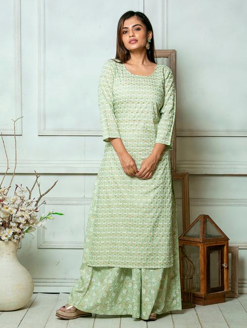 green printed straight kurta and palazzo set - 18066062 - Very Small Image - 1