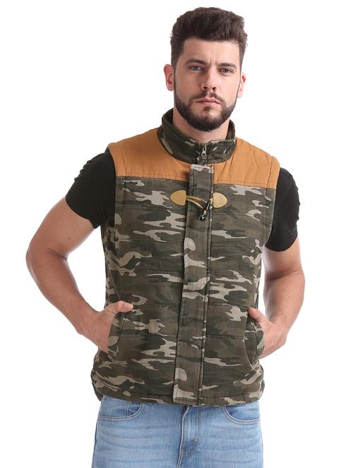 green camouflage color-blocked casual jacket - 18068647 - Very Small Image - 1