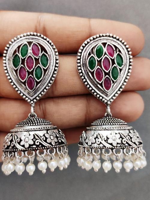jhumka, earrings, german silver,brass, stone, oxidized - 18068745 - Very Small Image - 1