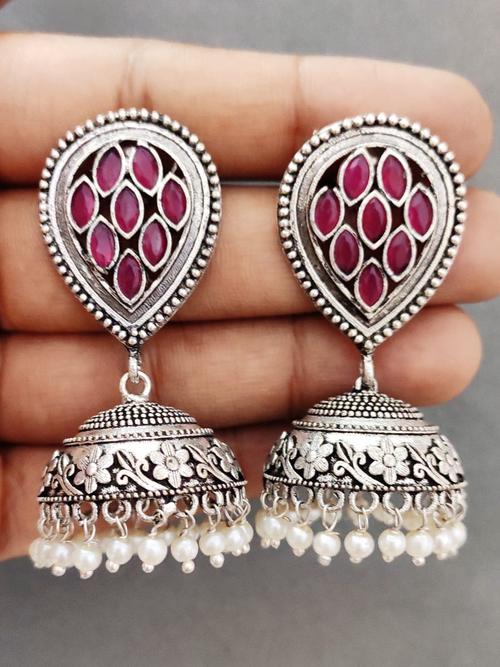 jhumka, earrings, german silver,brass, stone, oxidized - 18068746 - Very Small Image - 1