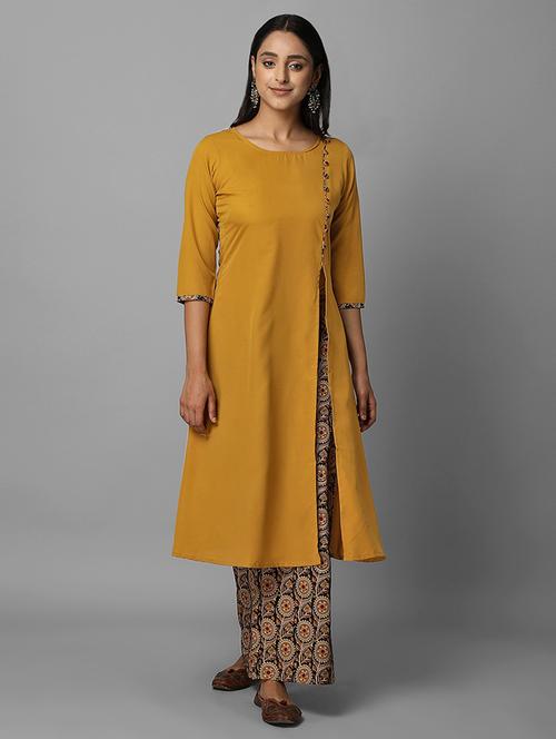 yellow crepe kurta palazzo set - 18069099 - Very Small Image - 1