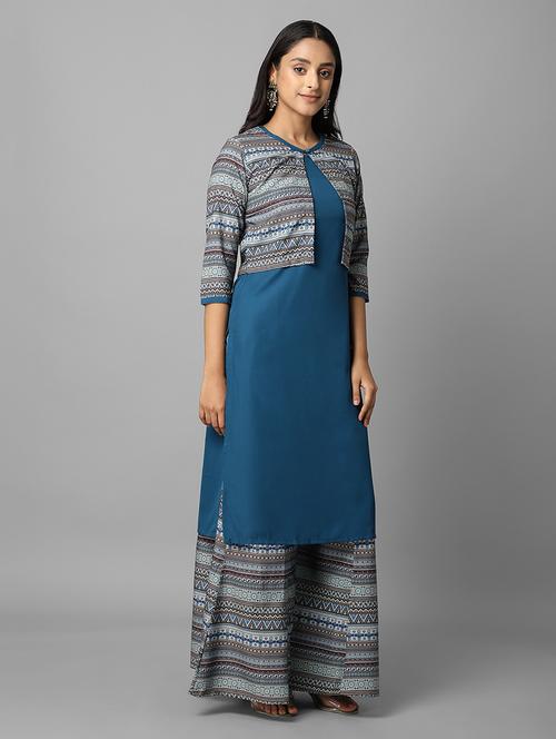 turquoise crepe kurta palazzo set - 18069100 - Very Small Image - 1