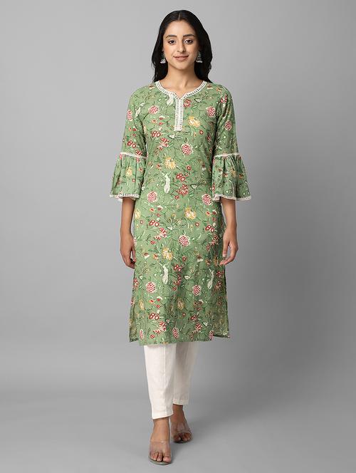 green cotton straight kurta - 18069123 - Very Small Image - 1