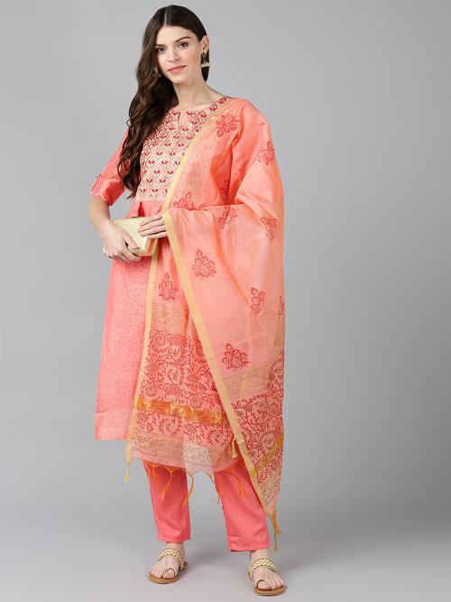 embroidered stitched kurta set with dupatta - 18076018 - Very Small Image - 1
