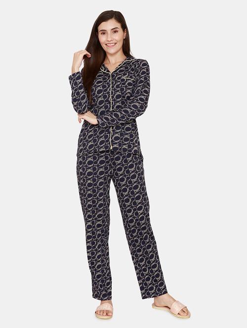 lapel neck printed nightwear pajama set - 18076454 - Very Small Image - 1